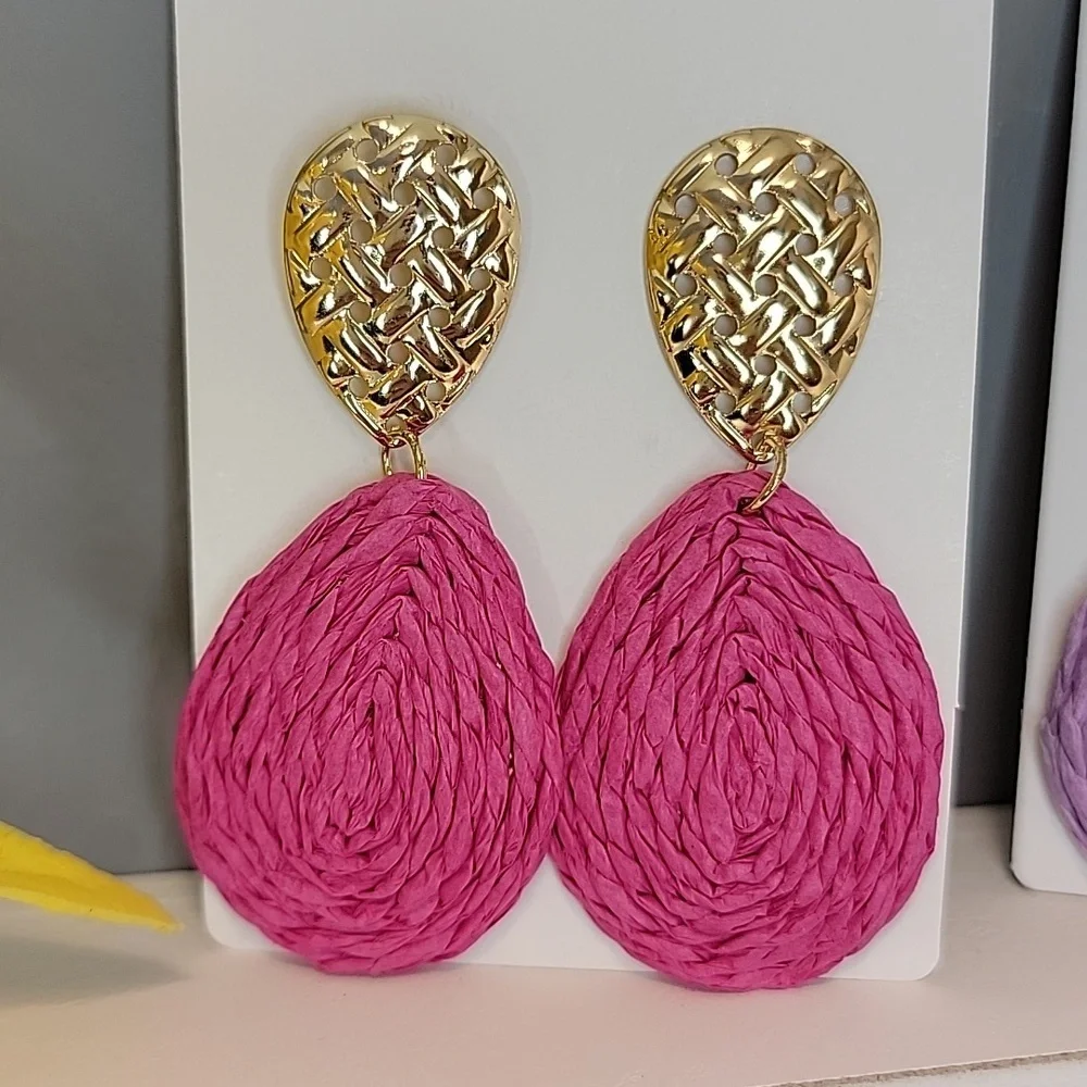 Boho Earrings Raffia Wrapped Teardrop Dangle Green Purple Orange Yellow Brown